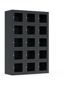 Metalen locker met 15 vakken en plexiglas deuren (breed model) - H.180 x B.120 cm Antraciet (RAL7024) Antraciet (RAL7024)