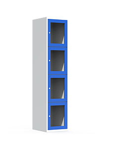 Metalen locker met 4 vakken en plexiglas deuren (breed model) - H.180 x B.40 cm Lichtgrijs (RAL7035) Lichtblauw (RAL5015)