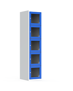 Metalen locker met 5 vakken en plexiglas deuren (breed model) - H.180 x B.40 cm Lichtgrijs (RAL7035) Lichtblauw (RAL5015)