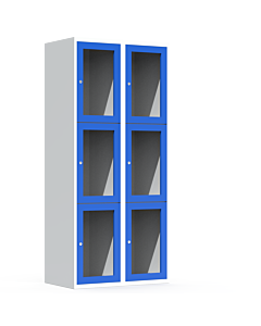 Metalen locker met 6 vakken en plexiglas deuren (breed model) - H.180 x B.80 cm Lichtgrijs (RAL7035) Lichtblauw (RAL5015)