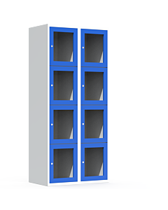 Metalen locker met 8 vakken en plexiglas deuren (breed model) - H.180 x B.80 cm Lichtgrijs (RAL7035) Lichtblauw (RAL5015)