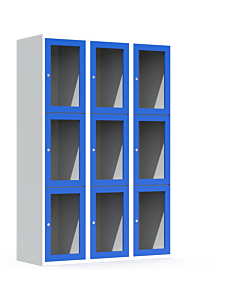 Metalen locker met 9 vakken en plexiglas deuren (breed model) - H.180 x B.120 cm Lichtgrijs (RAL7035) Lichtblauw (RAL5015)