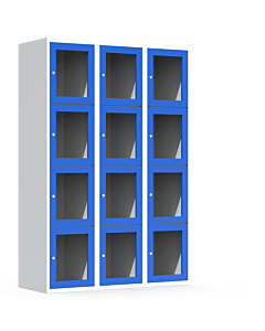 Metalen locker met 12 vakken en plexiglas deuren (breed model) - H.180 x B.120 cm Lichtgrijs (RAL7035) Lichtblauw (RAL5015)