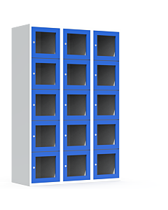 Metalen locker met 15 vakken en plexiglas deuren (breed model) - H.180 x B.120 cm Lichtgrijs (RAL7035) Lichtblauw (RAL5015)