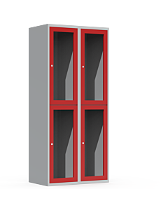Halfhoge doorzichtige locker voor 4 personen met kledingroede + 3 kledinghaken per vak (breed model) - H.180 x B.80 cm Lichtgrijs (RAL7035) Rood (RAL3000)