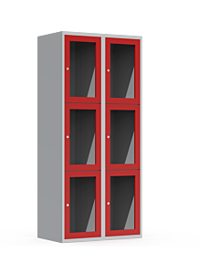 Metalen locker met 6 vakken en plexiglas deuren (breed model) - H.180 x B.80 cm Lichtgrijs (RAL7035) Rood (RAL3000)