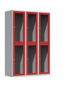 Halfhoge doorzichtige locker voor 6 personen met kledingroede + 3 kledinghaken per vak (breed model) - H.180 x B.120 cm Lichtgrijs (RAL7035) Rood (RAL3000)