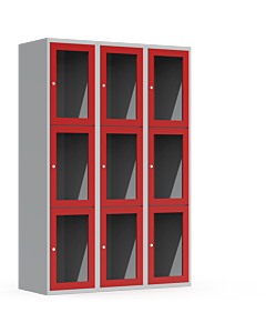 Metalen locker met 9 vakken en plexiglas deuren (breed model) - H.180 x B.120 cm Lichtgrijs (RAL7035) Rood (RAL3000)