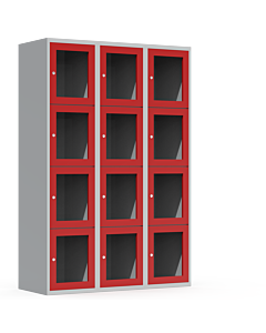 Metalen locker met 12 vakken en plexiglas deuren (breed model) - H.180 x B.120 cm Lichtgrijs (RAL7035) Rood (RAL3000)