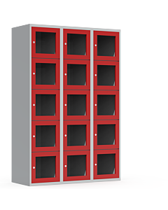 Metalen locker met 15 vakken en plexiglas deuren (breed model) - H.180 x B.120 cm Lichtgrijs (RAL7035) Rood (RAL3000)