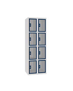 Locker met 8 vakken en doorzichtige plexiglas deuren - H.180 x B.60 cm Lichtgrijs (RAL7035) Gentiaanblauw (RAL5010)