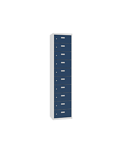 Mini locker met 10 brede vakken - H.180 x B.42,5 cm Lichtgrijs (RAL7035) Gentiaanblauw (RAL5010)
