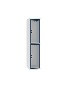 Locker met 2 brede vakken en doorzichtige plexiglas deuren - H.180 x B.30 cm Lichtgrijs (RAL7035) Gentiaanblauw (RAL5010)