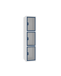 Locker met 3 brede vakken en doorzichtige plexiglas deuren - H.180 x B.30 cm Lichtgrijs (RAL7035) Gentiaanblauw (RAL5010)