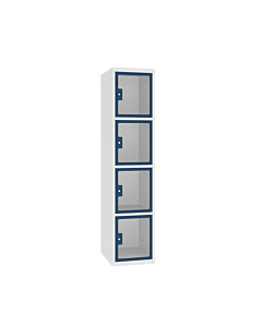Locker met 4 brede vakken en doorzichtige plexiglas deuren - H.180 x B.30 cm Lichtgrijs (RAL7035) Gentiaanblauw (RAL5010)