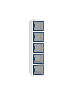 Locker met 5 brede vakken en doorzichtige plexiglas deuren - H.180 x B.30 cm Lichtgrijs (RAL7035) Gentiaanblauw (RAL5010)