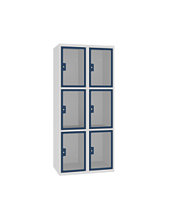 Locker met 6 brede vakken en doorzichtige plexiglas deuren - H.180 x B.60 cm Lichtgrijs (RAL7035) Gentiaanblauw (RAL5010)