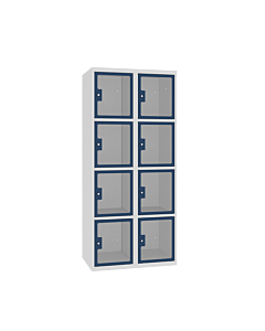 Locker met 8 brede vakken en doorzichtige plexiglas deuren - H.180 x B.60 cm Lichtgrijs (RAL7035) Gentiaanblauw (RAL5010)