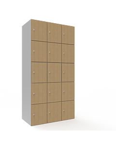 HPL locker met 15 vakken - H.180 x B.90 cm (staal + HPL) Lichtgrijs (RAL7035) Eiken (C102)