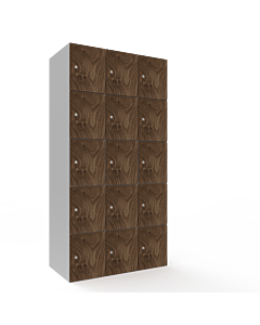 HPL locker met 15 vakken - H.180 x B.90 cm (staal + HPL) Lichtgrijs (RAL7035) Walnoot (N056)