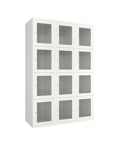 Metalen locker met 12 vakken en plexiglas deuren (breed model) - H.180 x B.120 cm Wit (RAL9010) Wit (RAL9010)