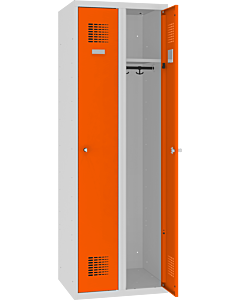 Metalen kledinglocker met legbord en kledingroede + 3 kledinghaken voor 2 personen - H.180 x B.60 cm Lichtgrijs (RAL7035) Zuiver oranje (RAL2004)