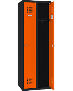 Metalen kledinglocker met legbord en kledingroede + 3 kledinghaken voor 2 personen - H.180 x B.60 cm Gitzwart (RAL9005) Zuiver oranje (RAL2004)