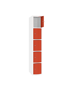 Schoolkluisjes met 5 vakken en extra sterke bolvormige deuren - H.180 x B.30 cm Zuiver wit (RAL9010) Zuiver oranje (RAL2004)