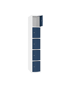 Schoolkluisjes met 5 vakken en extra sterke bolvormige deuren - H.180 x B.30 cm Zuiver wit (RAL9010) Gentiaanblauw (RAL5010)