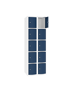 Schoolkluisjes met 10 vakken en extra sterke bolvormige deuren - H.180 x B.60 cm Zuiver wit (RAL9010) Gentiaanblauw (RAL5010)