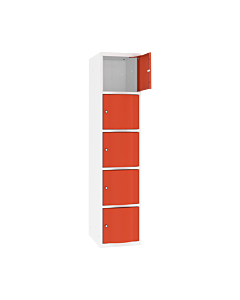 Schoolkluisjes met 5 brede vakken en extra sterke bolvormige deuren - H.180 x B.40 cm Zuiver wit (RAL9010) Zuiver oranje (RAL2004)